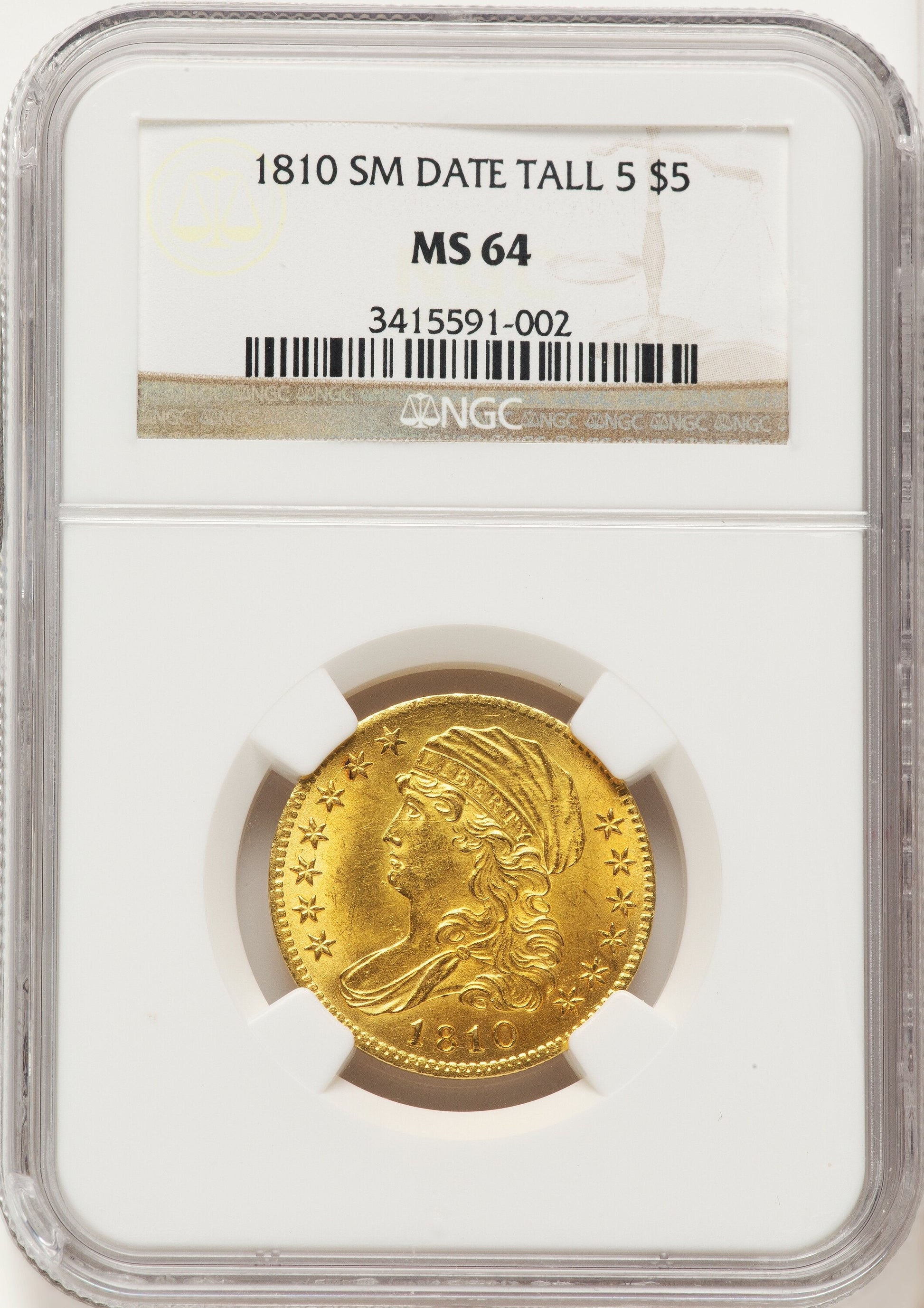 1810 $5 Small Date Tall 5 Early Half Eagle NGC MS64