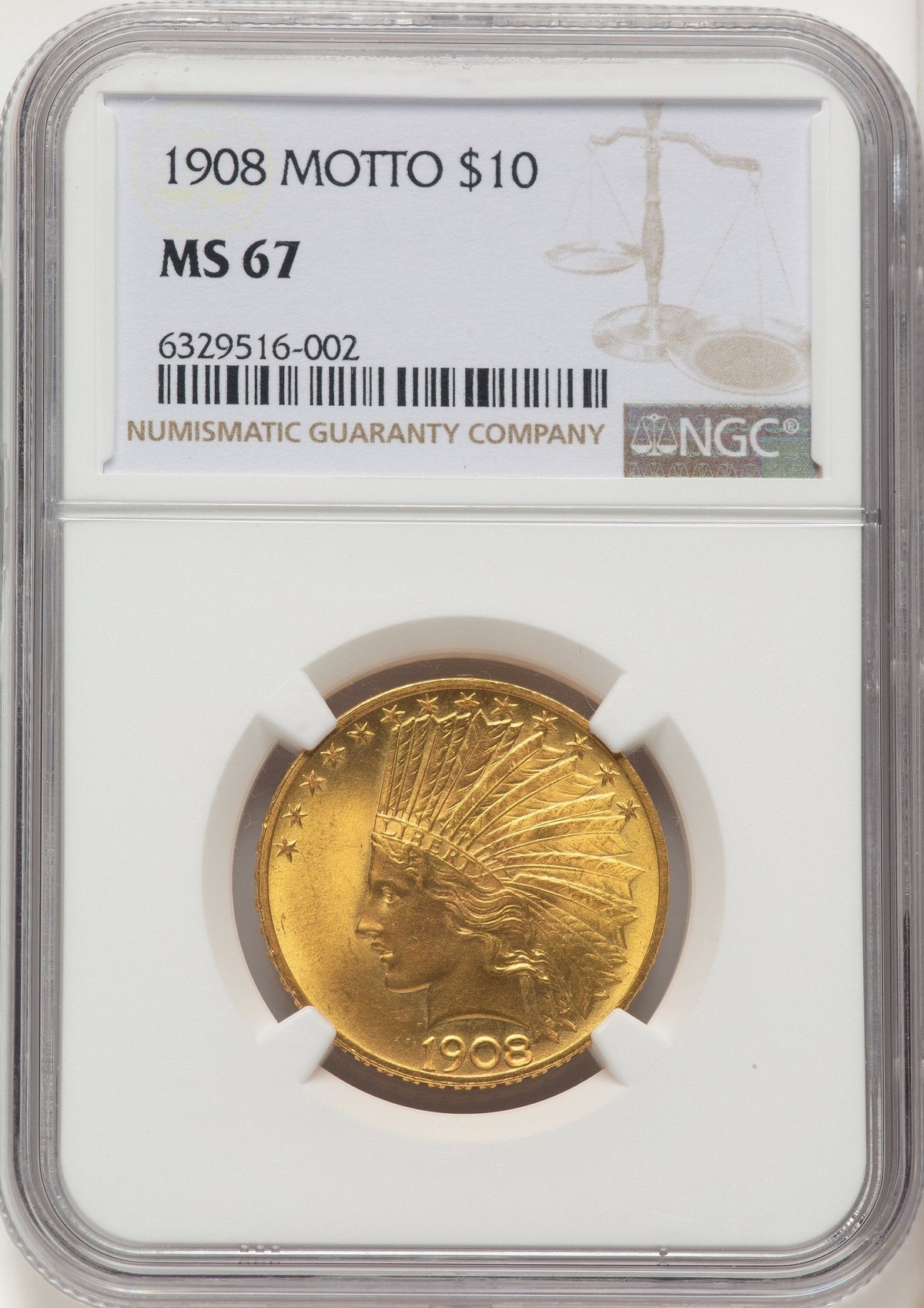 1908 $10 MOTTO Indian Eagle NGC MS67