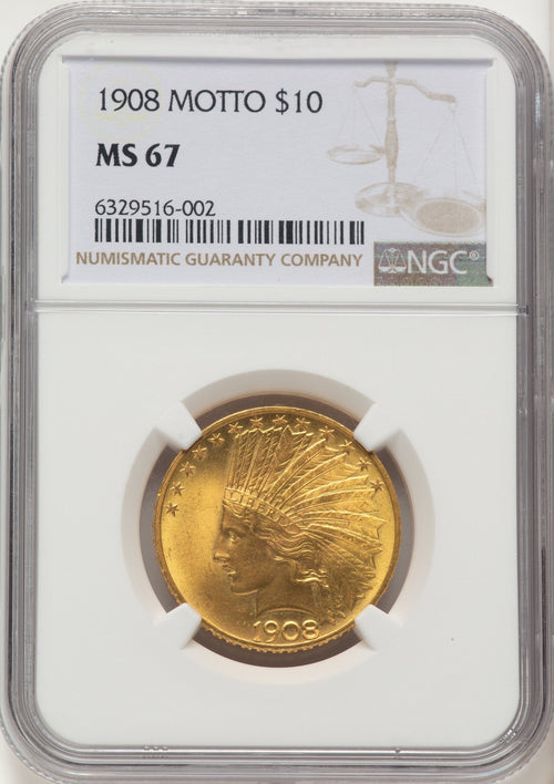 1908 $10 MOTTO Indian Eagle NGC MS67