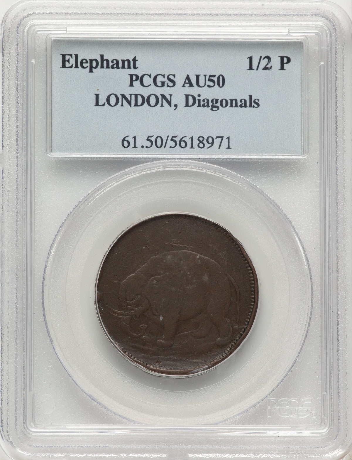 London Elephant Token Diagonals BN Colonials PCGS AU50