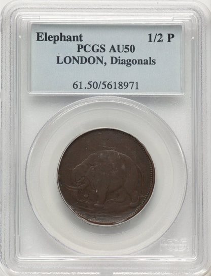 London Elephant Token Diagonals BN Colonials PCGS AU50