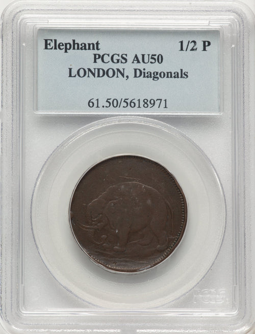 London Elephant Token Diagonals BN Colonials PCGS AU50