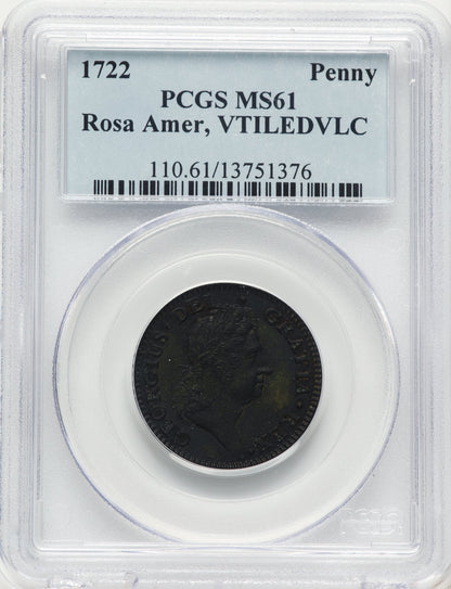 1722 Rosa Americana Penny VTILE BN Colonials PCGS MS61