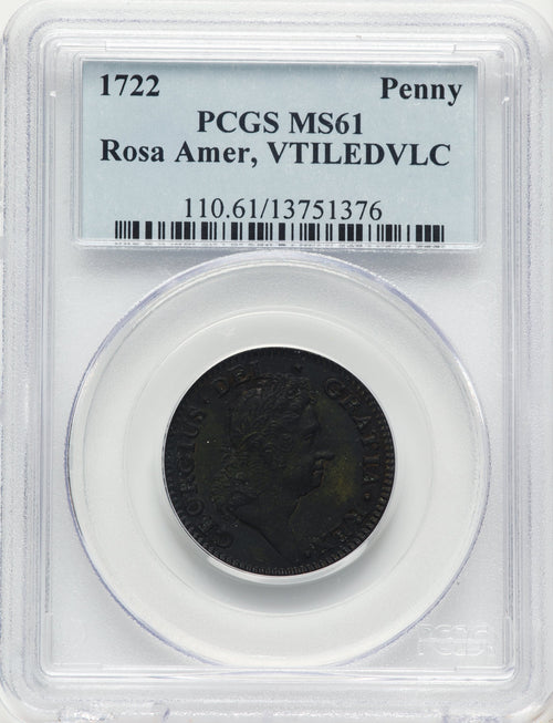 1722 Rosa Americana Penny VTILE BN Colonials PCGS MS61