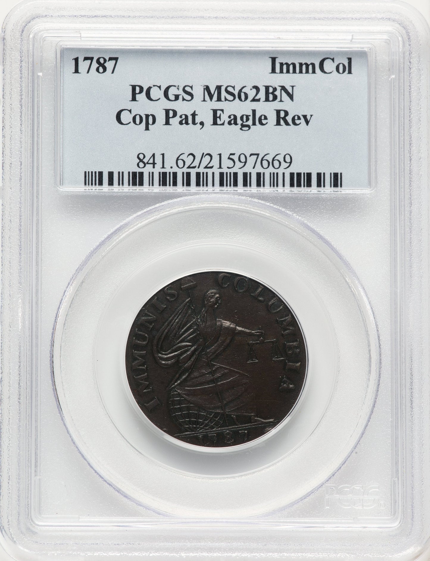 1787 Immunis Columbia Piece Eagle Reverse BN Colonials PCGS MS62