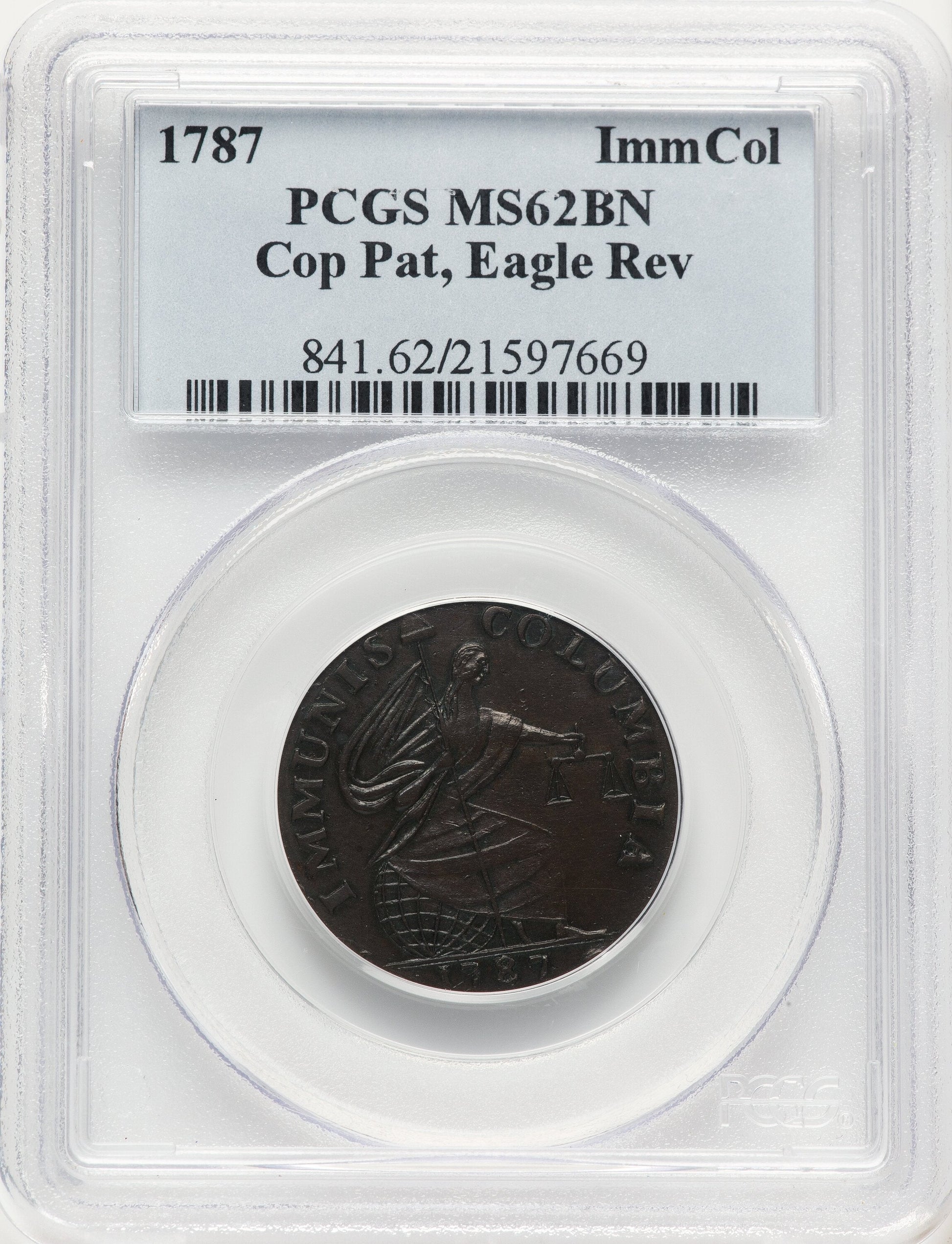 1787 Immunis Columbia Piece Eagle Reverse BN Colonials PCGS MS62