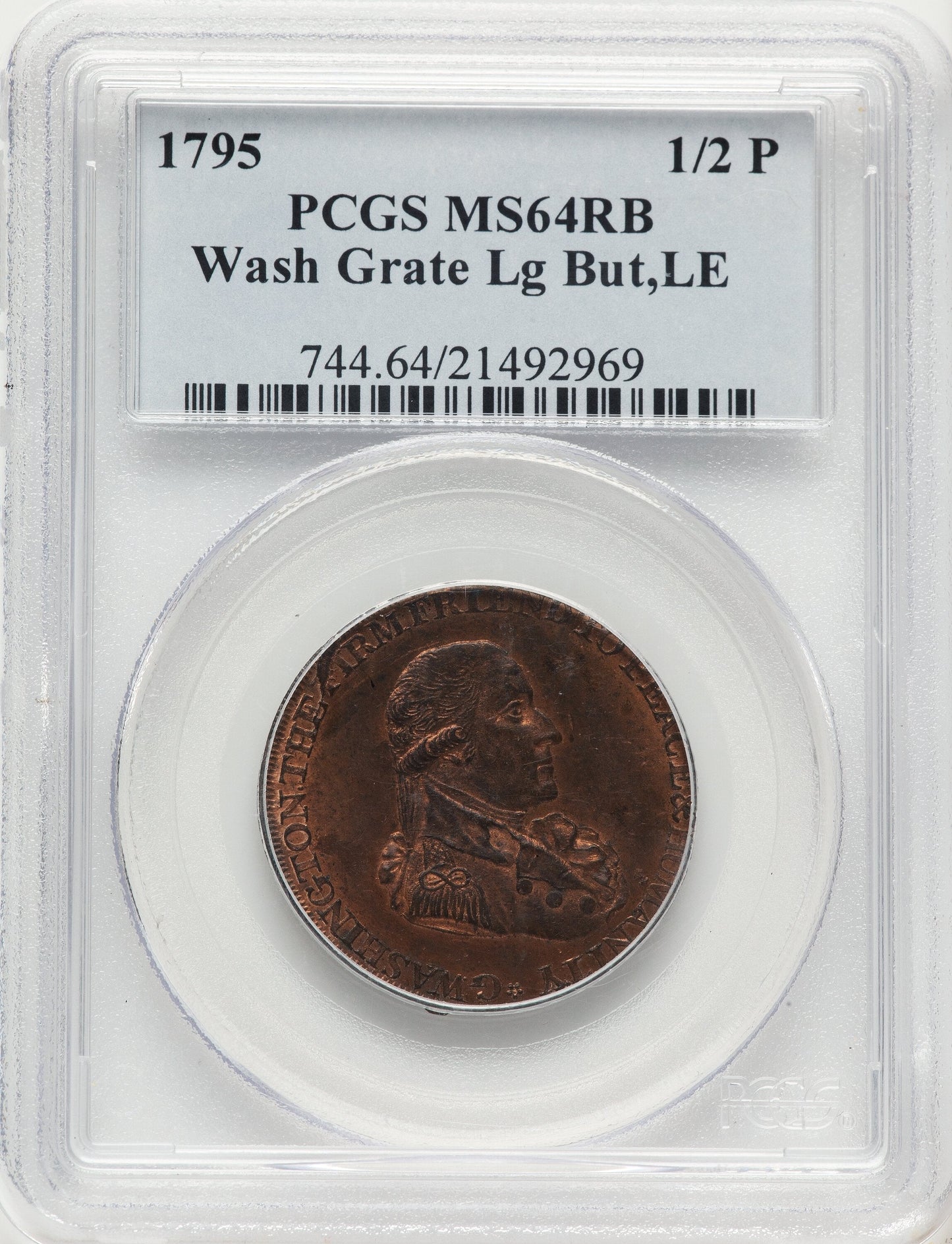 1795 Washington Grate Halfpenny Large Buttons Lettered Edge RB Colonials PCGS MS64