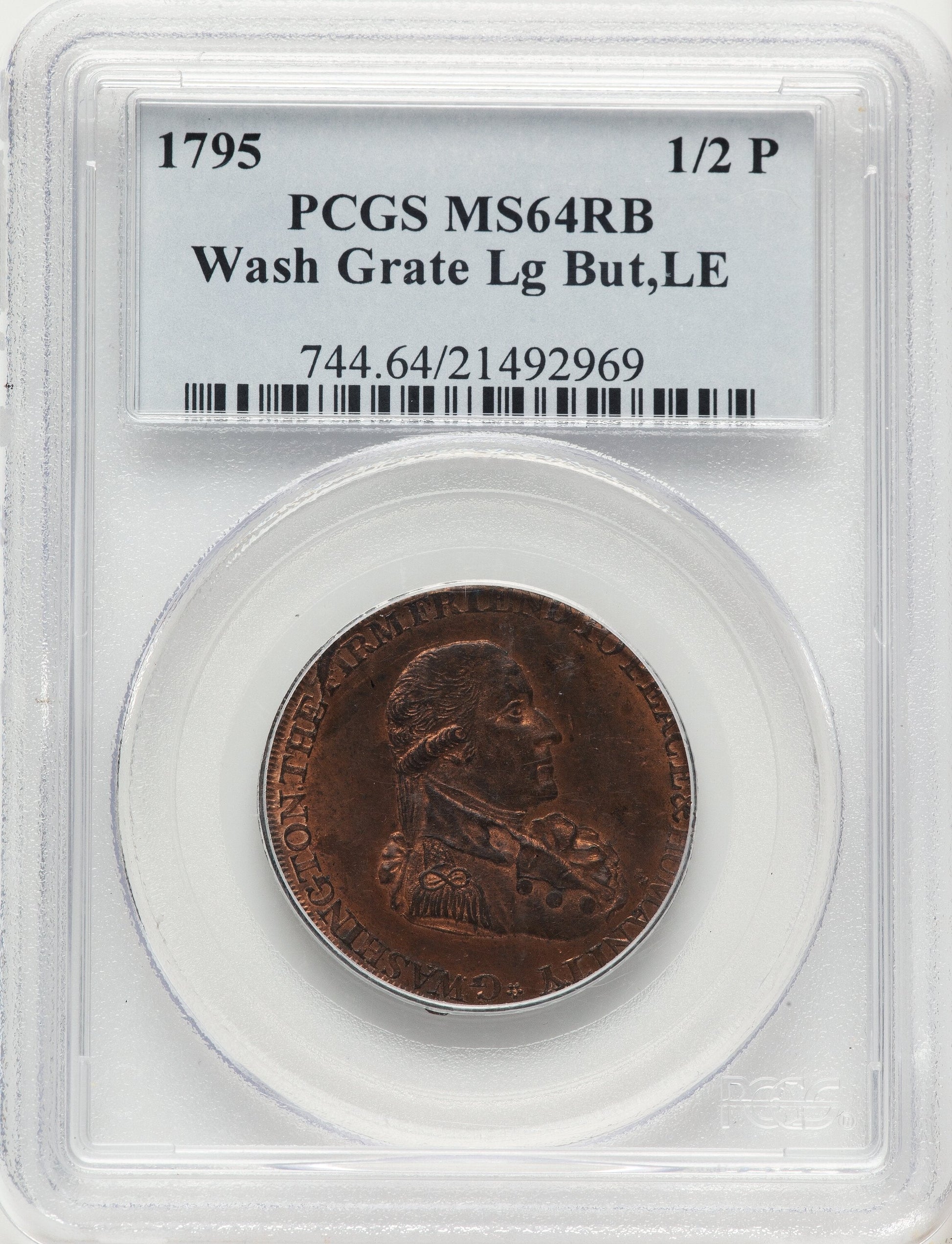 1795 Washington Grate Halfpenny Large Buttons Lettered Edge RB Colonials PCGS MS64