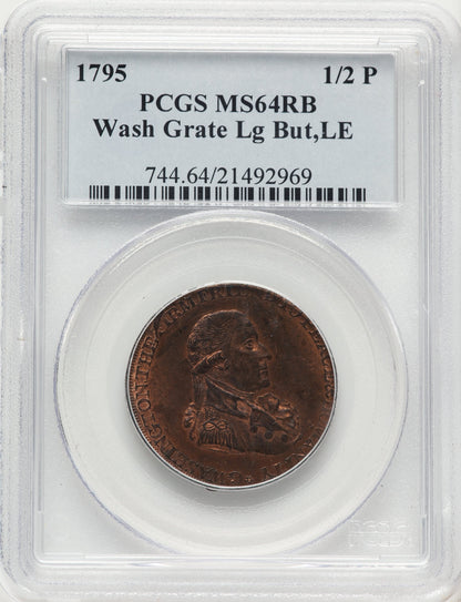 1795 Washington Grate Halfpenny Large Buttons Lettered Edge RB Colonials PCGS MS64