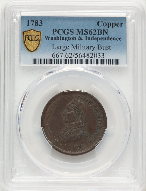 1783 Washington & Independence Cent Large Military Bust BN Colonials PCGS MS62
