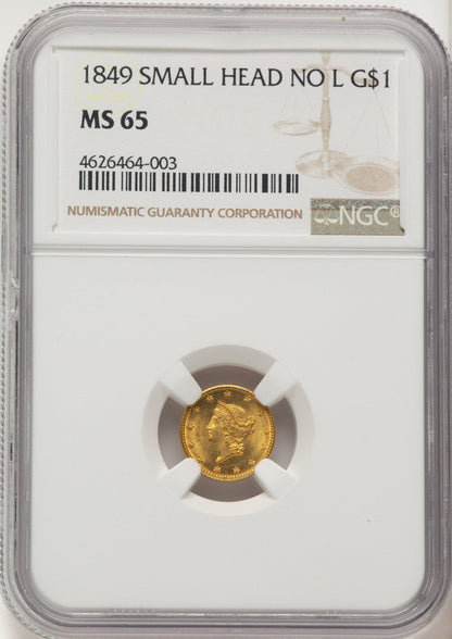 1849 G$1 NO L Gold Dollar NGC MS65