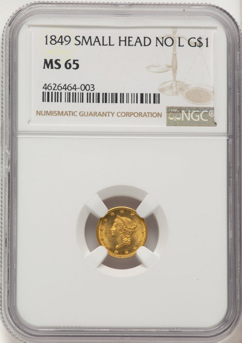 1849 G$1 NO L Gold Dollar NGC MS65