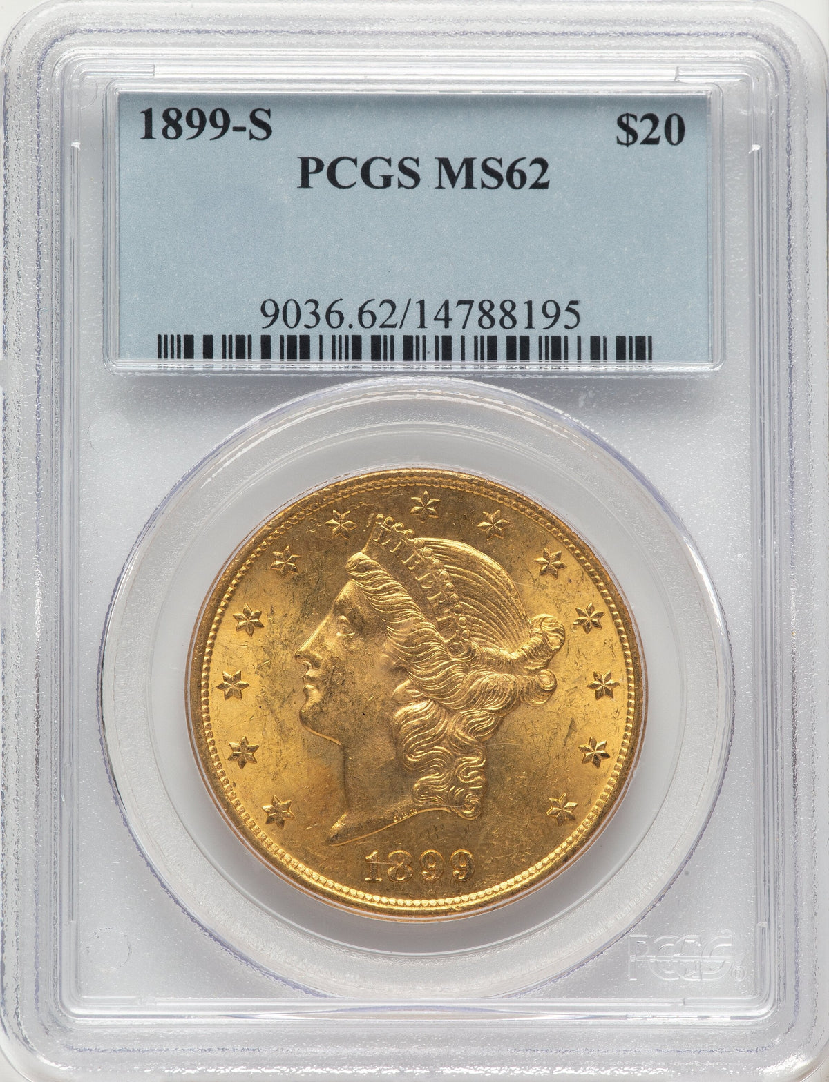 1899-S $20 Blue Label Liberty Double Eagle PCGS MS62