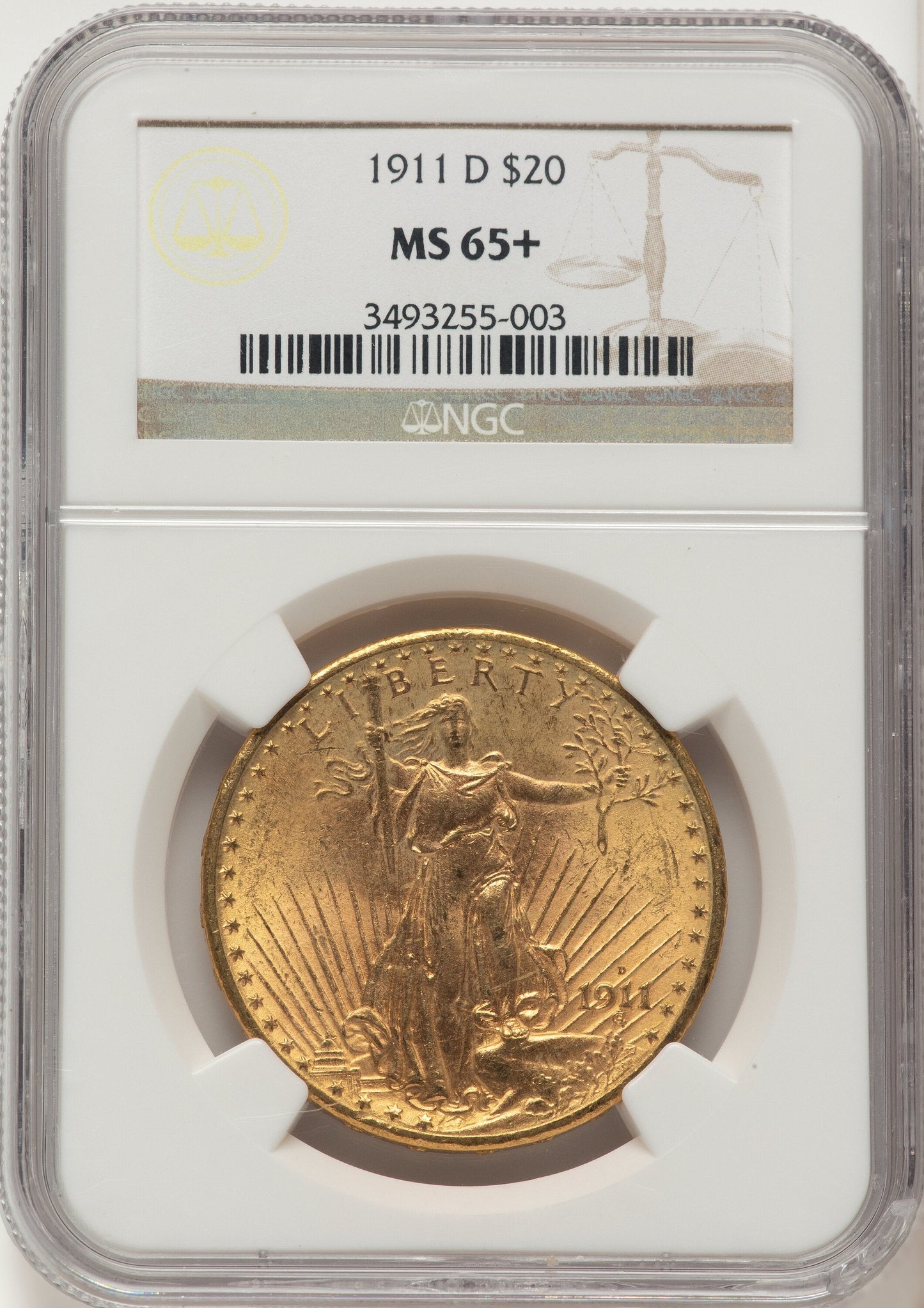 1911-D $20 Brown Label Saint-Gaudens Double Eagle NGC MS65+