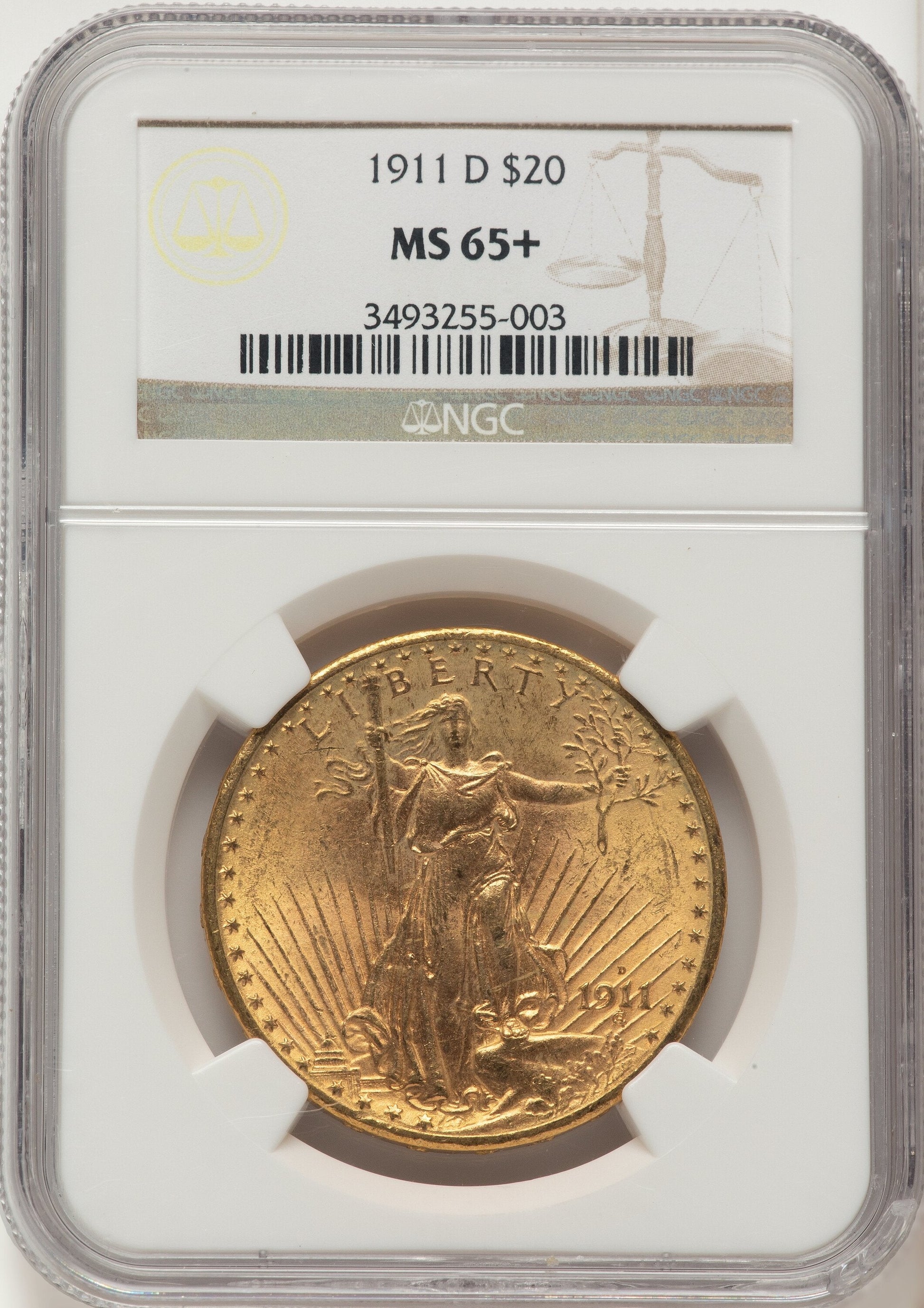1911-D $20 Brown Label Saint-Gaudens Double Eagle NGC MS65+