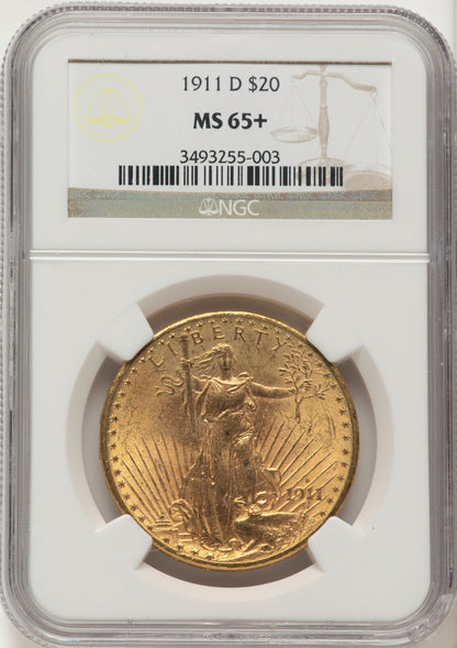 1911-D $20 Brown Label Saint-Gaudens Double Eagle NGC MS65+