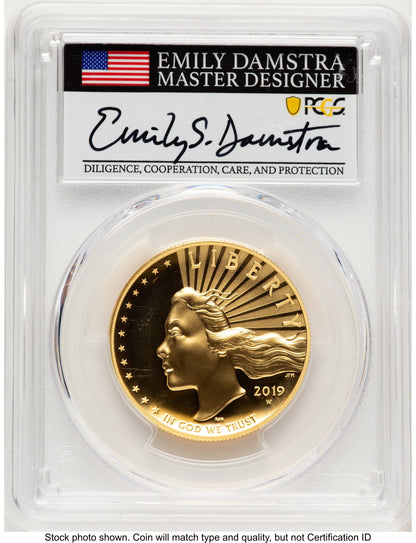 2019-W G$100 American Liberty High Relief Enhanced DMPL WP Mint Hoard Emily Damstra PCGS MS70