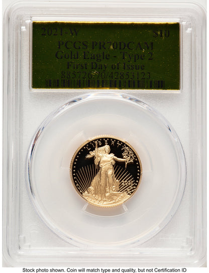 2021-W Type 2 Proof Gold Eagle 1/4 oz FDI Gold Foil PCGS PR70