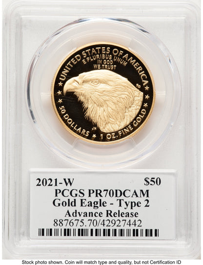 2021-W Type 2 Proof Gold Eagle 1 oz AR Emily Damstra PCGS PR70