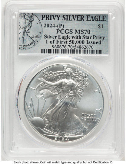 2024-(P) Silver Eagle (Privy Mark) First 50000 Privy Silver Eagle Label PCGS MS70