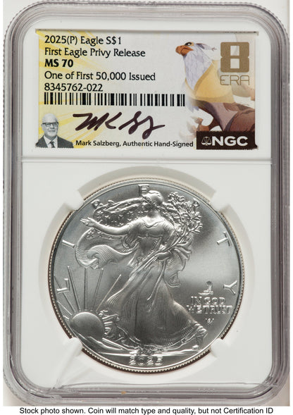 2025-(P) Silver Eagle (Privy Mark) First 50000 Mark Salzberg 8 Era Label NGC MS70