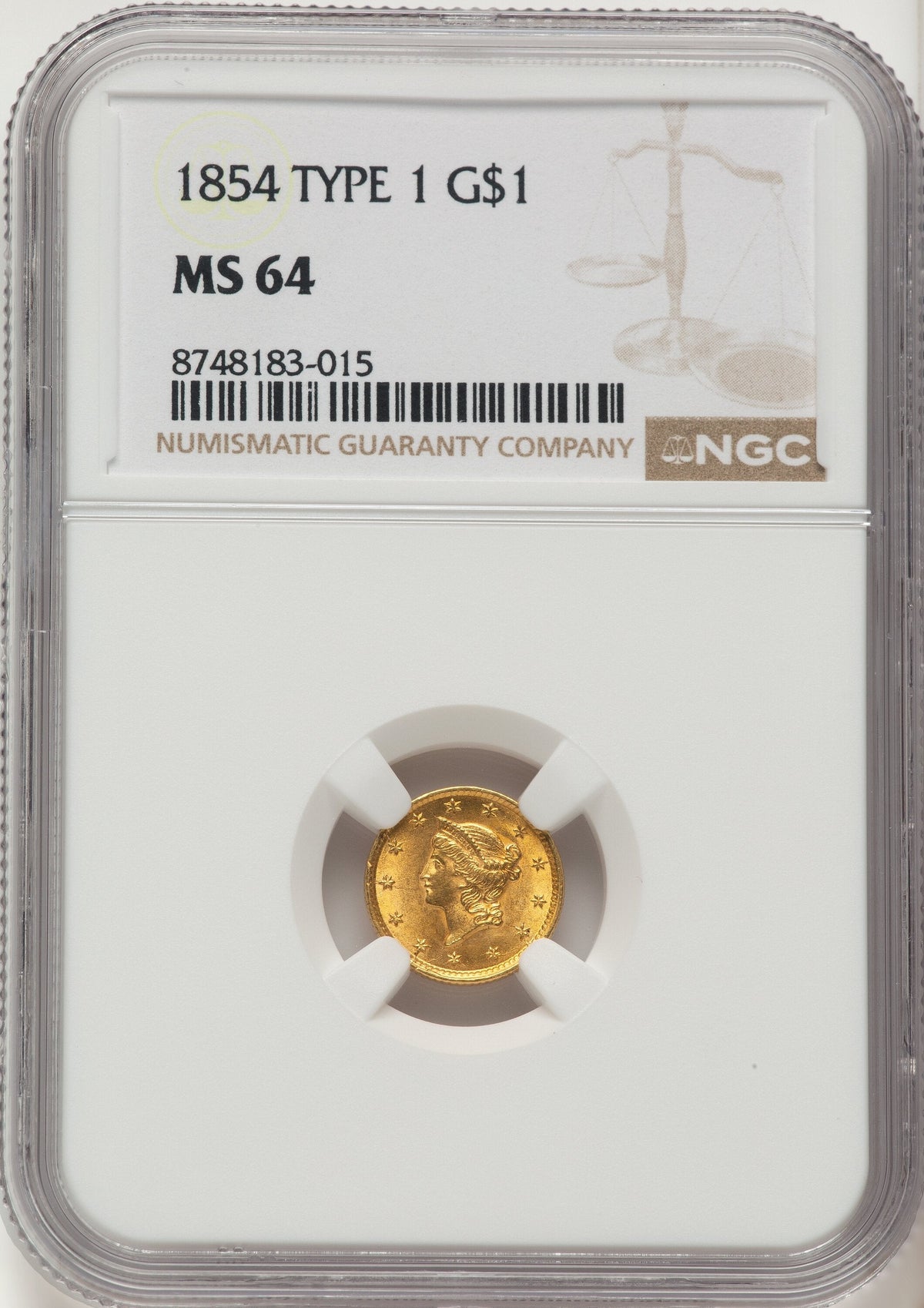 1854 G$1 T-1 Gold Dollar NGC MS64