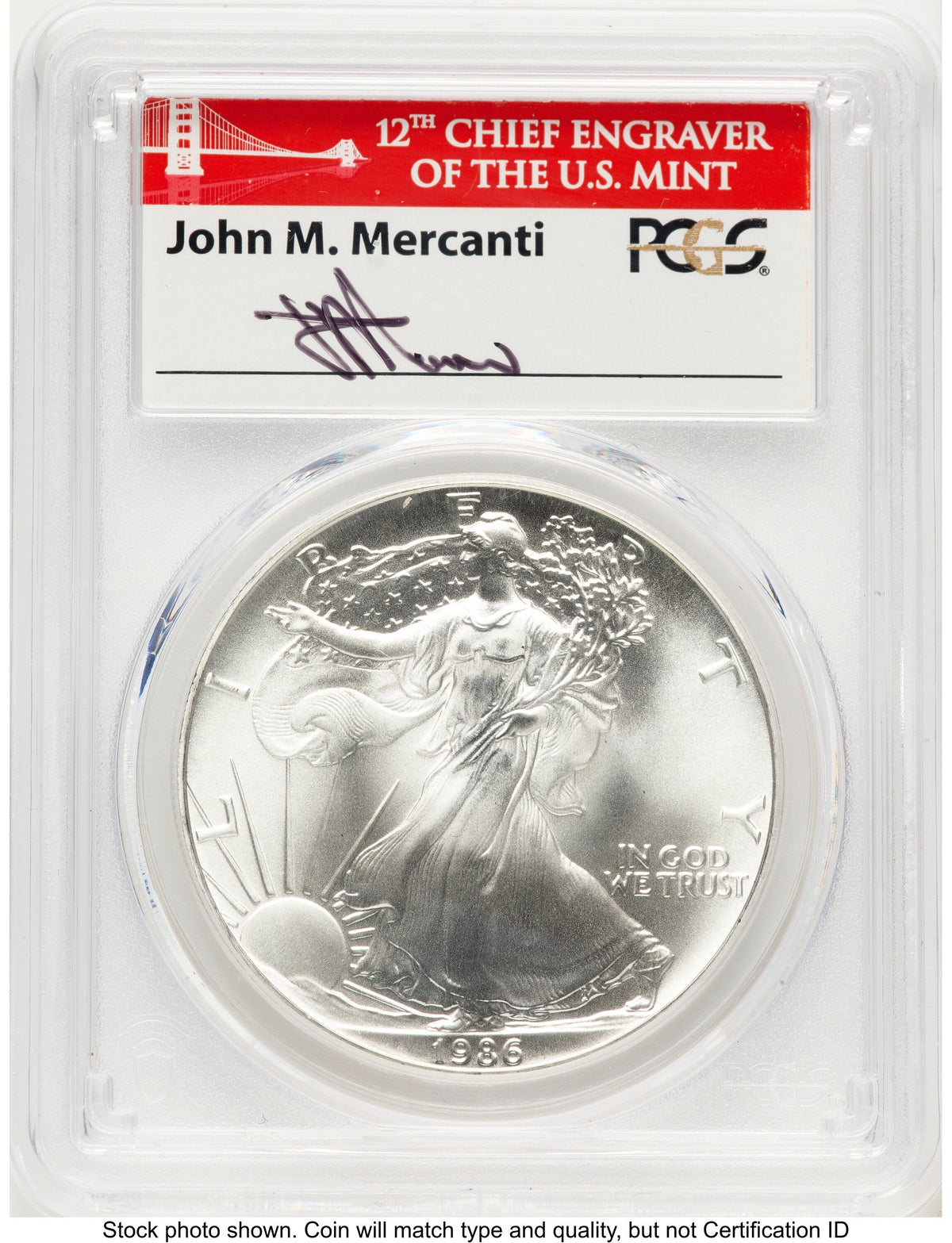1986-(S) Silver Eagle John Bridge PCGS MS70 Mercanti