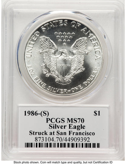 1986-(S) Silver Eagle John Bridge PCGS MS70 Mercanti