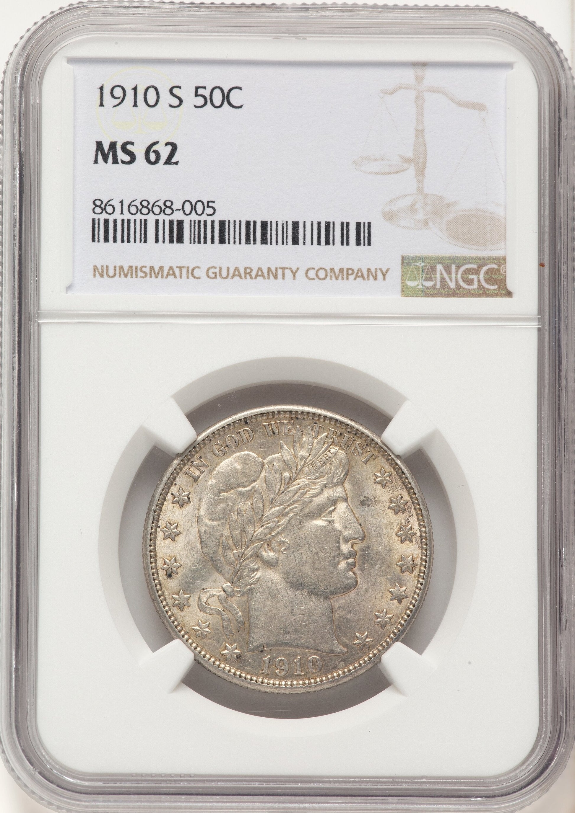 1910-S 50C Barber Half Dollar NGC MS62