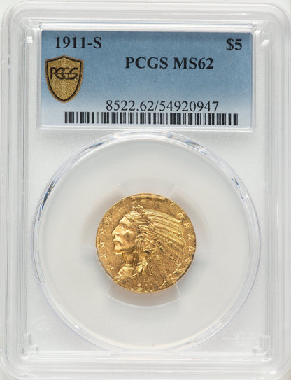 1911-S $5 Indian Half Eagle PCGS MS62