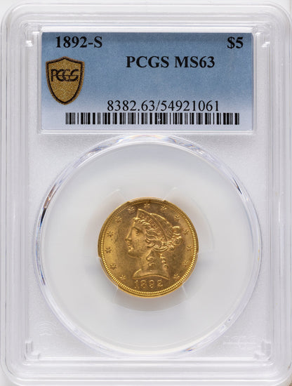 1892-S $5 Liberty Half Eagle PCGS MS63