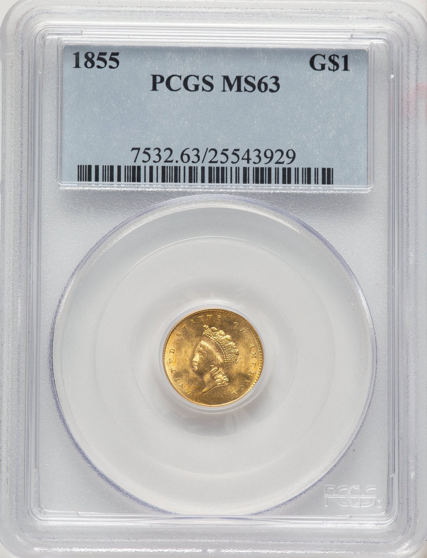 1855 G$1 Type Two Gold Dollar PCGS MS63