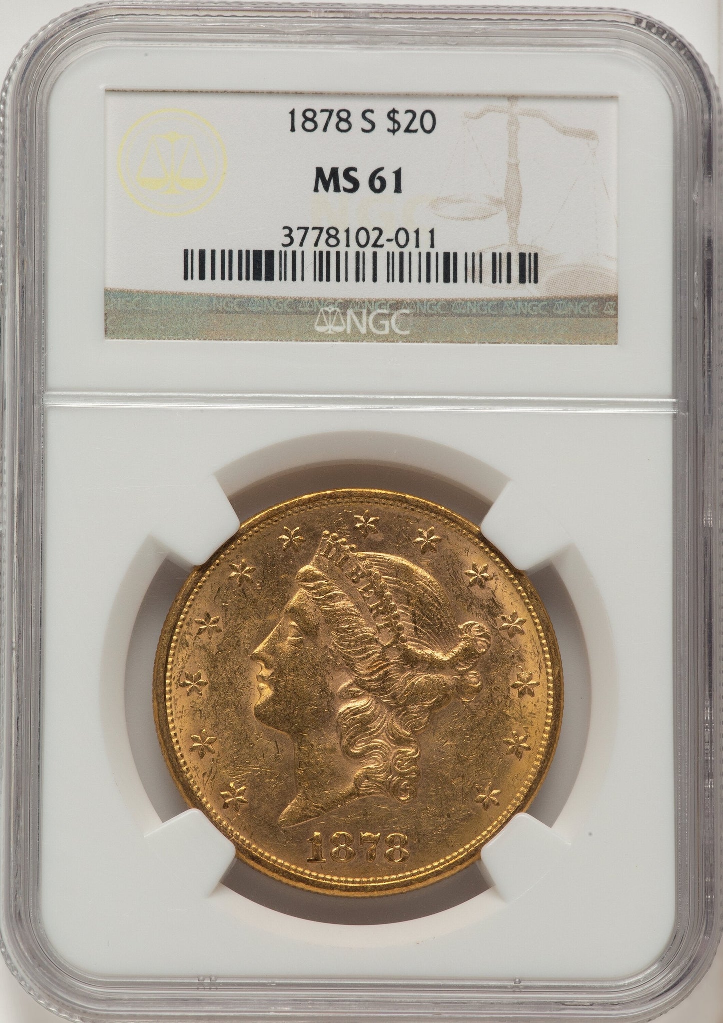 1878-S $20 Brown Label Liberty Double Eagle NGC MS61