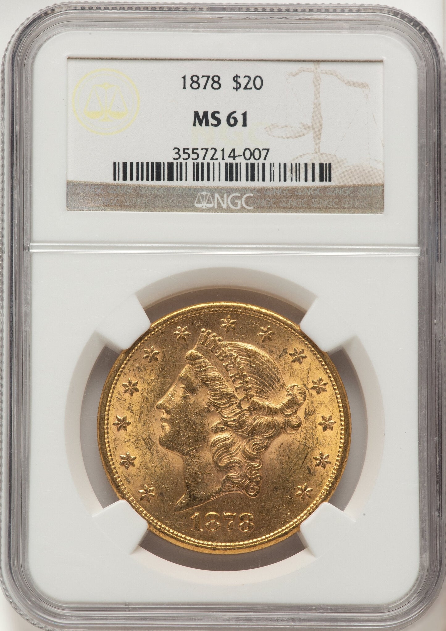 1878 $20 Brown Label Liberty Double Eagle NGC MS61