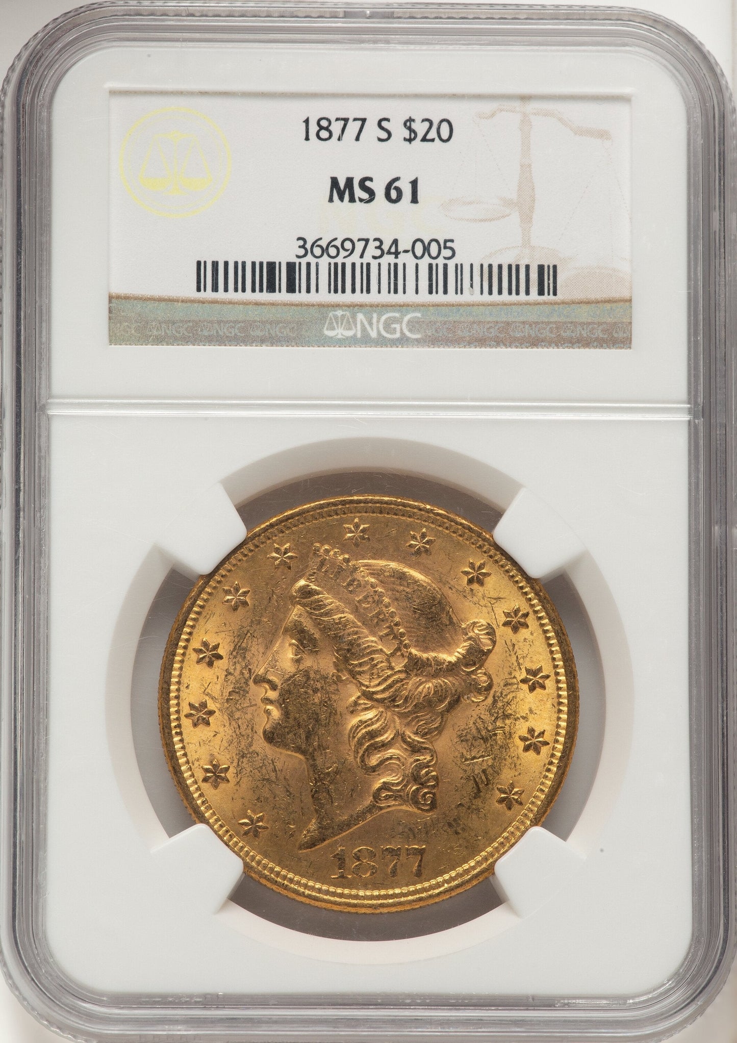 1877-S $20 Brown Label Liberty Double Eagle NGC MS61