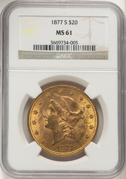 1877-S $20 Brown Label Liberty Double Eagle NGC MS61