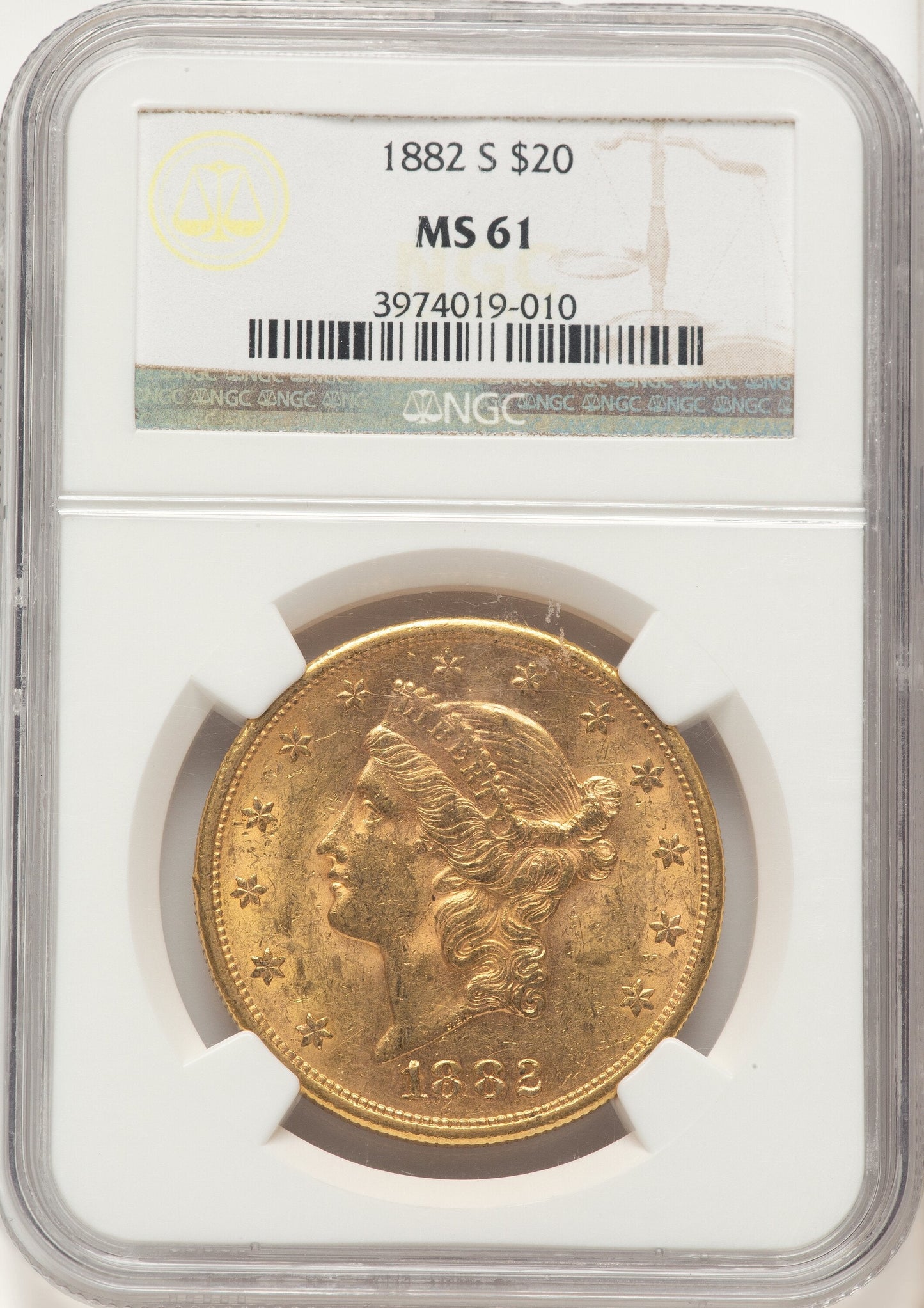1882-S $20 Brown Label Liberty Double Eagle NGC MS61