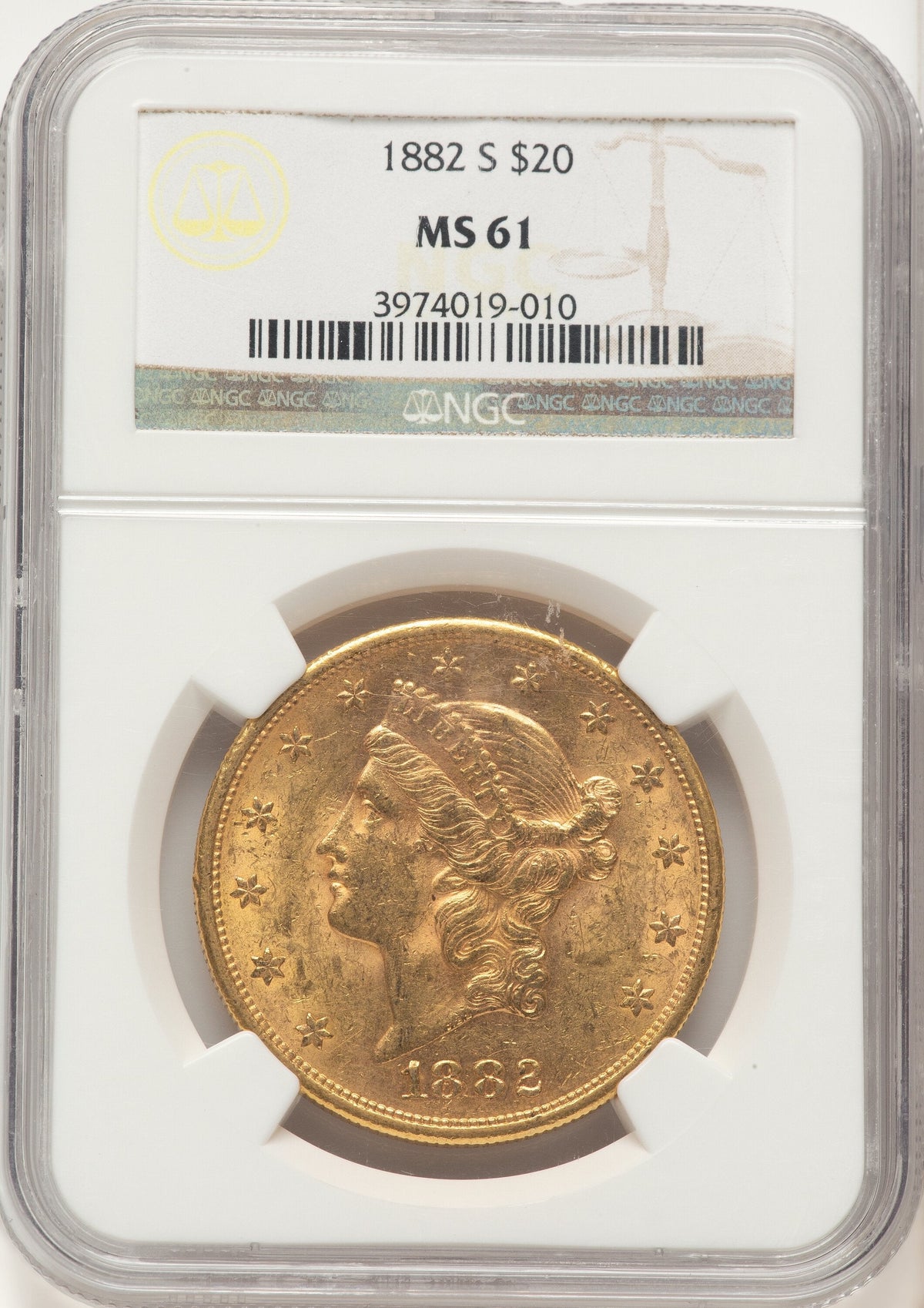 1882-S $20 Brown Label Liberty Double Eagle NGC MS61