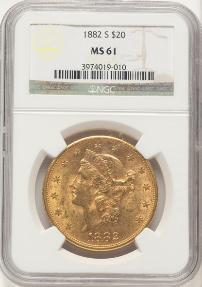 1882-S $20 Brown Label Liberty Double Eagle NGC MS61