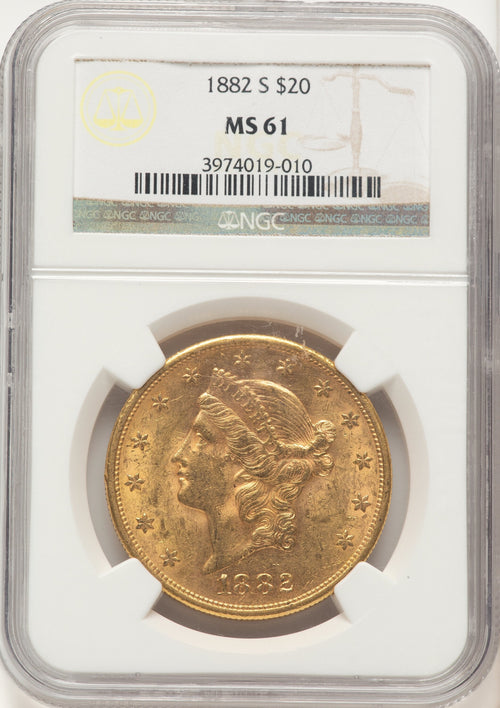 1882-S $20 Brown Label Liberty Double Eagle NGC MS61