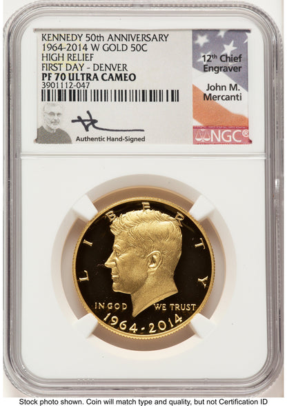 2014-W 50C Gold JFK 50th Anniversary FDI John Denver Proof Kennedy Half Dollar NGC PR70 Mercanti