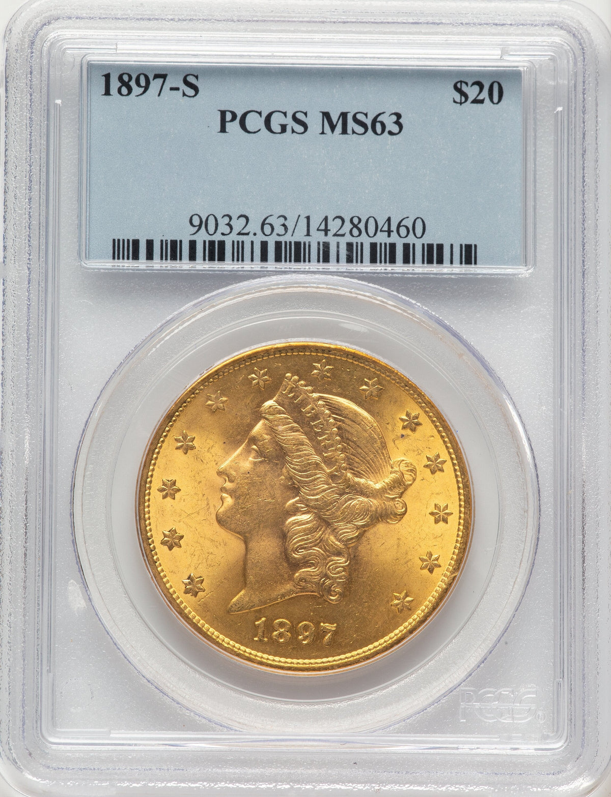 1897-S $20 Blue Label Liberty Double Eagle PCGS MS63