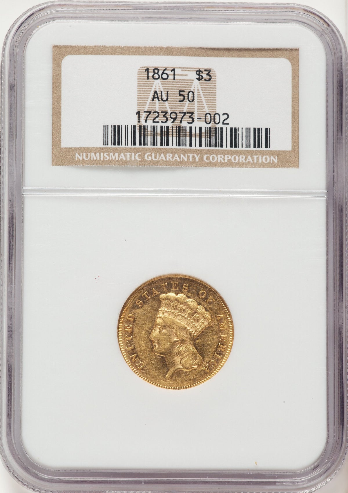 1861 $3 Three Dollar Gold Pieces NGC AU50