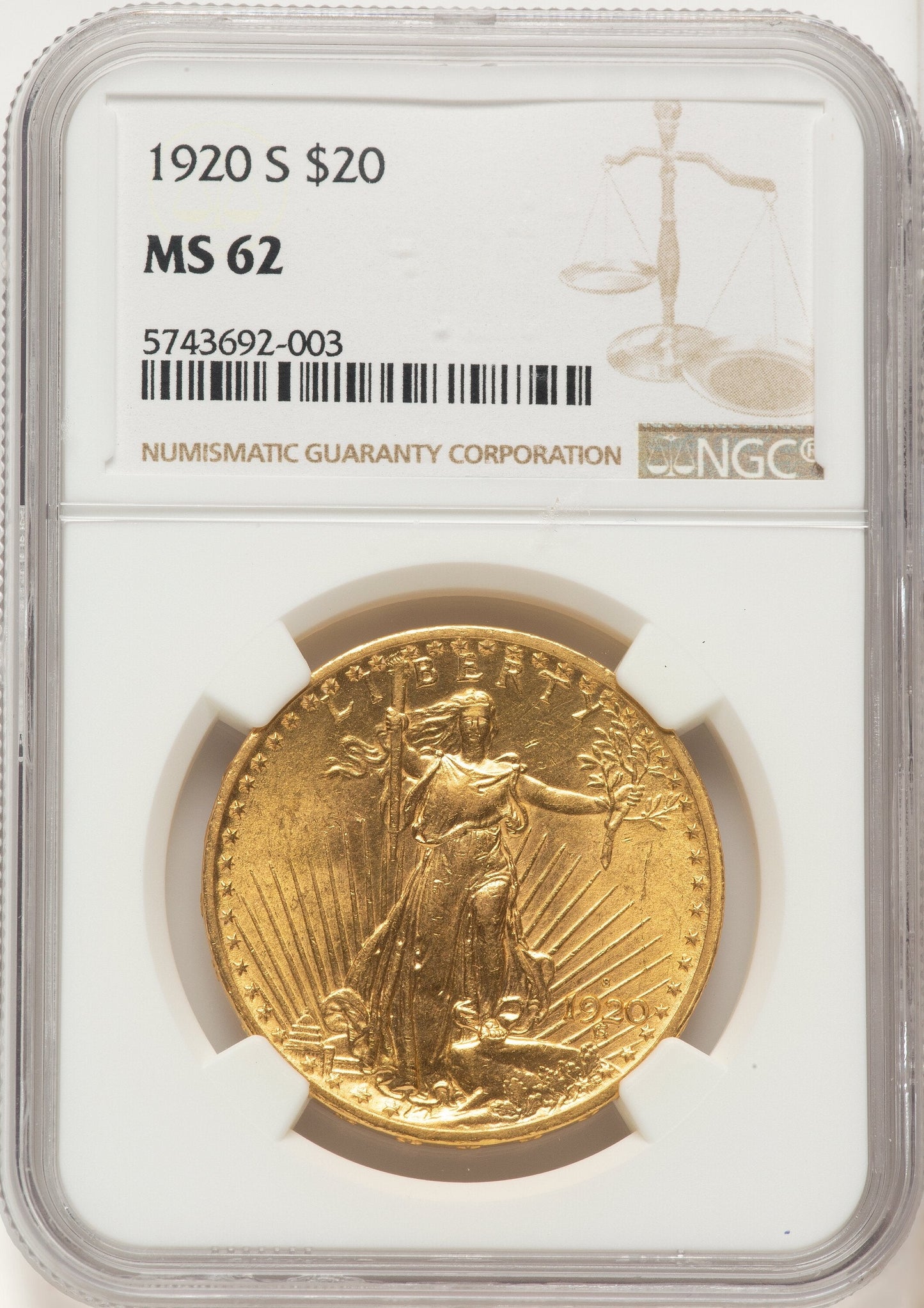 1920-S $20 Saint-Gaudens Double Eagle NGC MS62