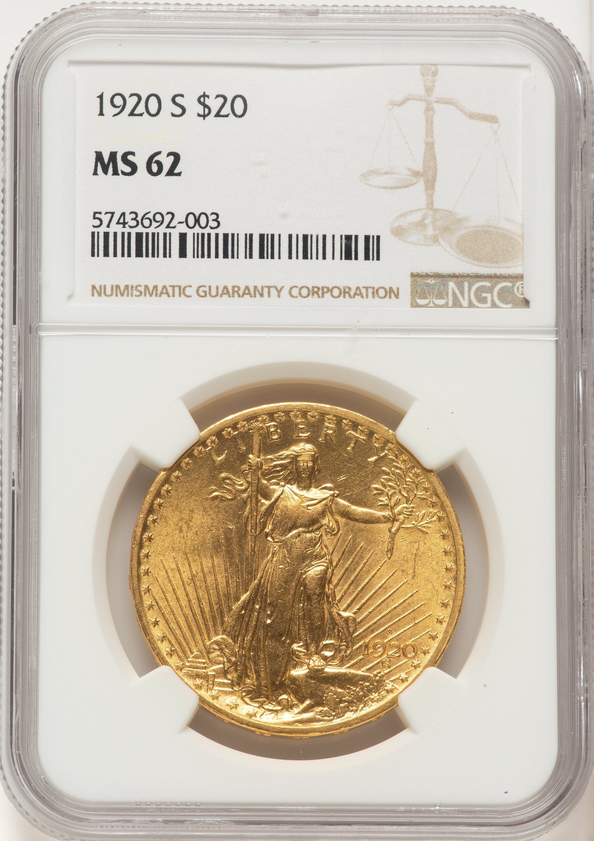 1920-S $20 Saint-Gaudens Double Eagle NGC MS62