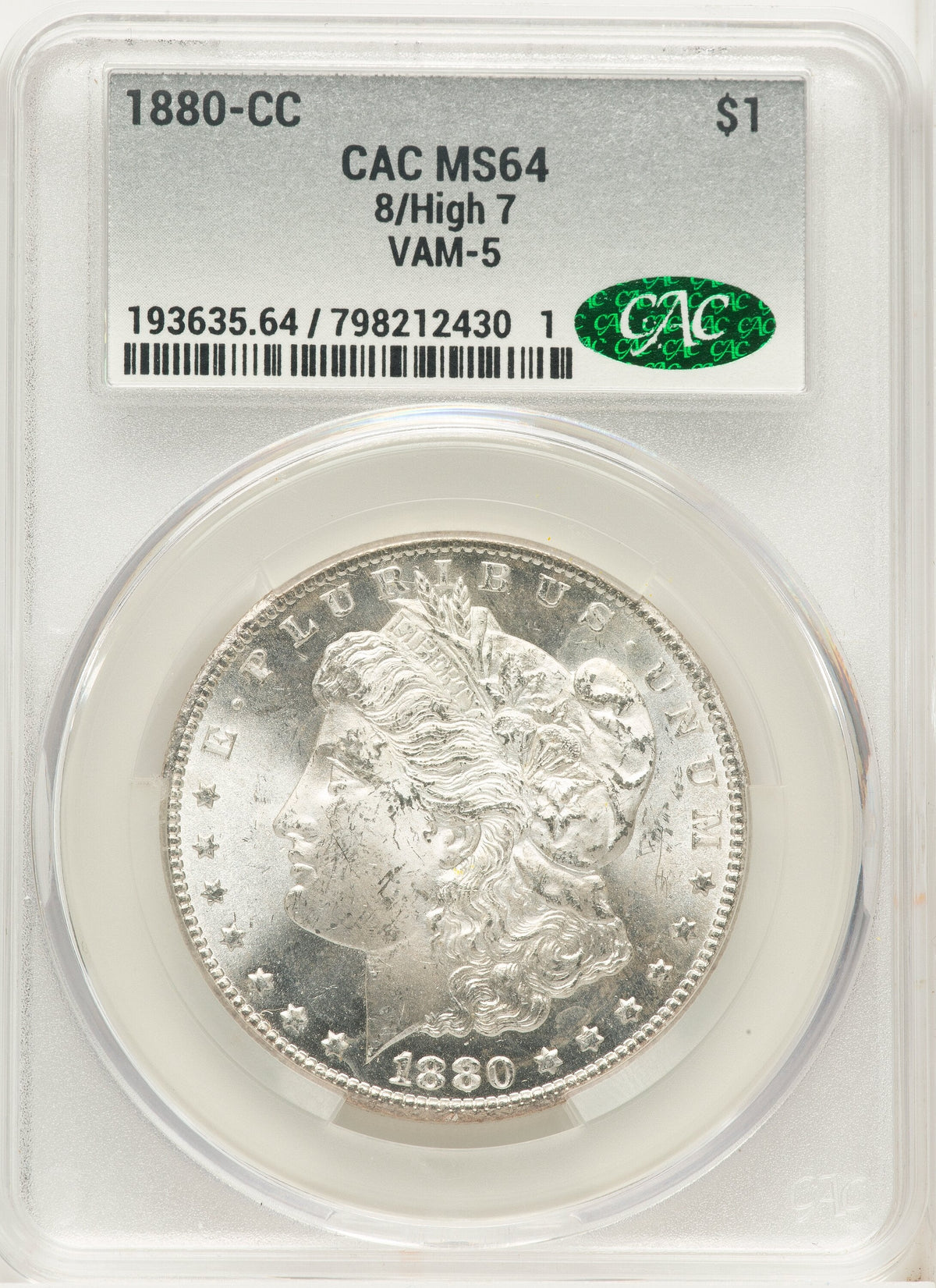 1880-CC $1 VAM-5 8/7 High 7 Morgan Dollar CACG MS64