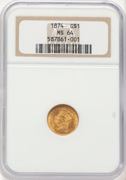 1874 G$1 Gold Dollar NGC MS64