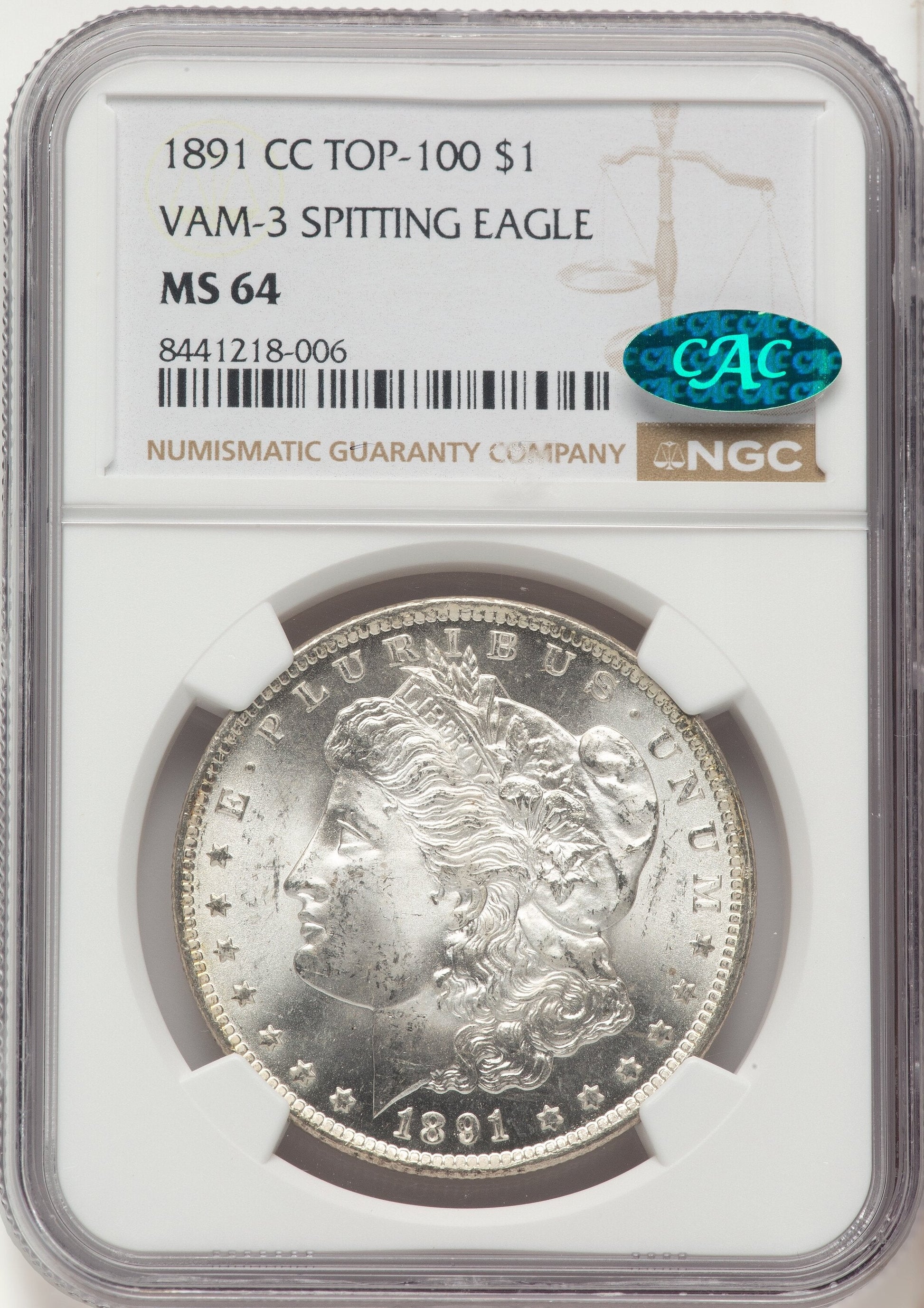 1891-CC $1 VAM-3 Spitting Eagle CAC Morgan Dollar NGC MS64