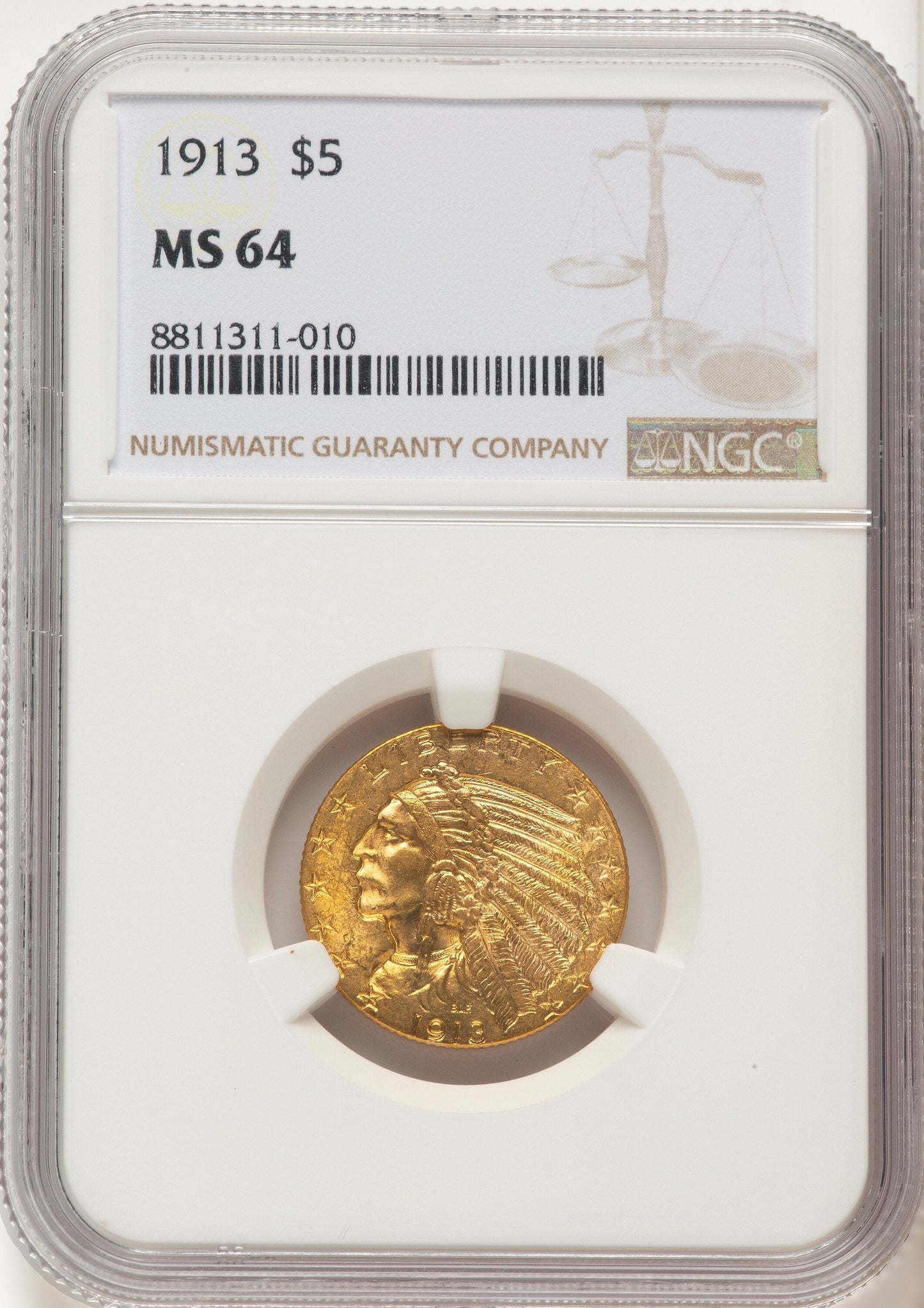 1913 $5 Indian Half Eagle NGC MS64