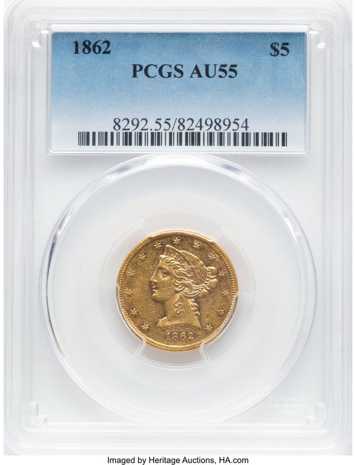 1862 $5 Liberty Half Eagle PCGS AU55
